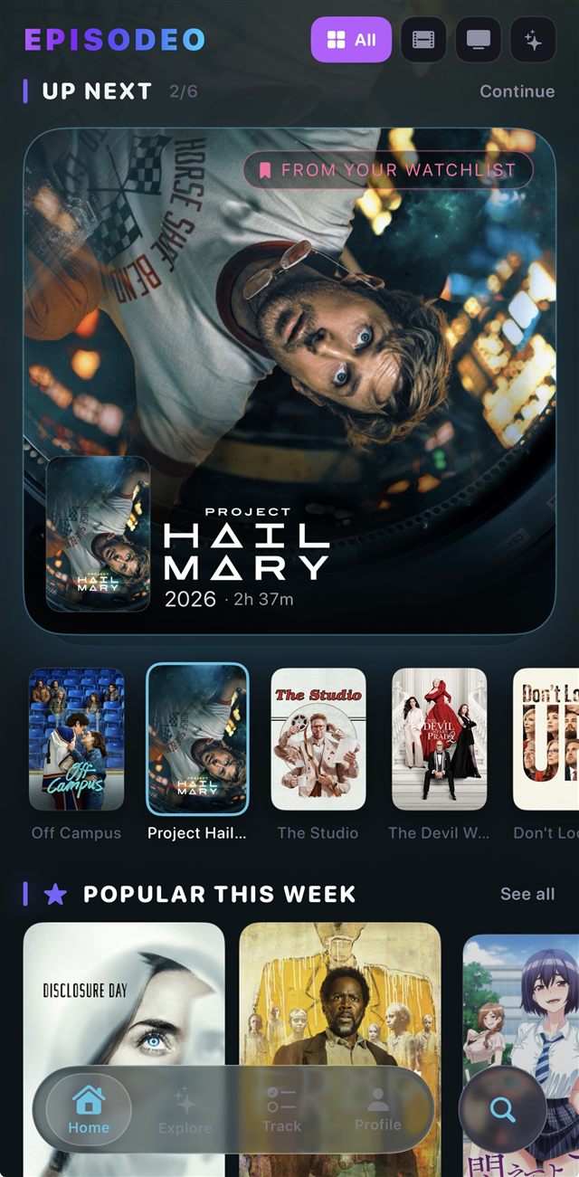 Episodeo home screen showing Up Next from your watchlist