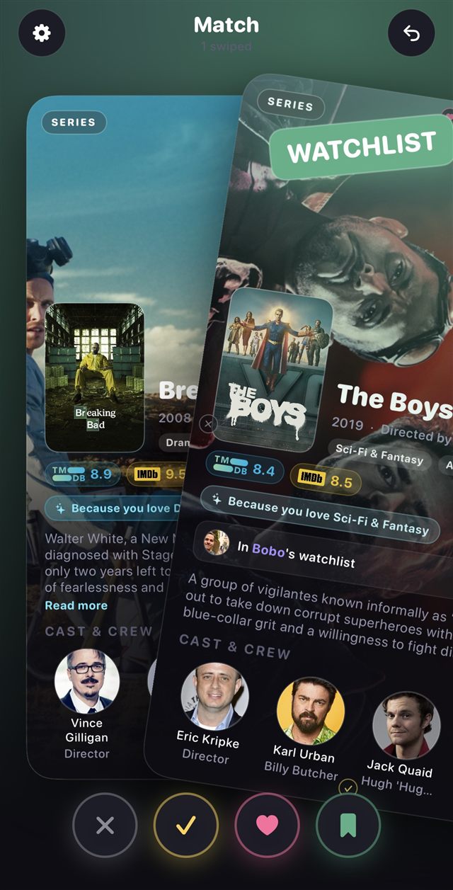 Match screen, swipe to discover new shows