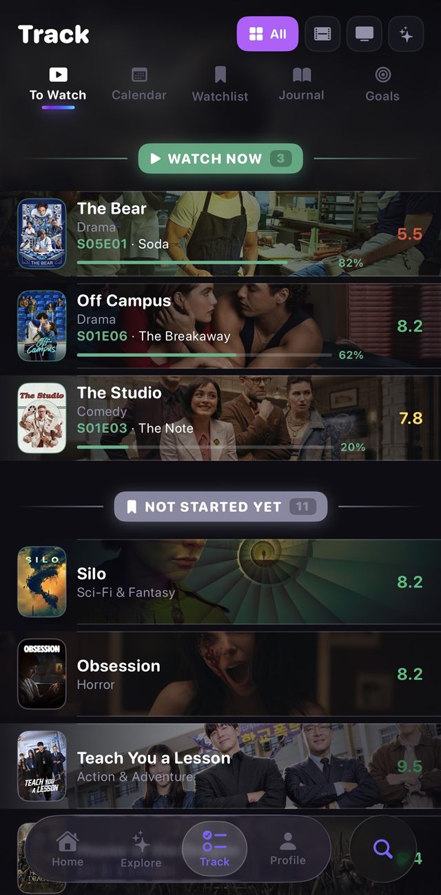 Track screen with episode progress, calendar and goals